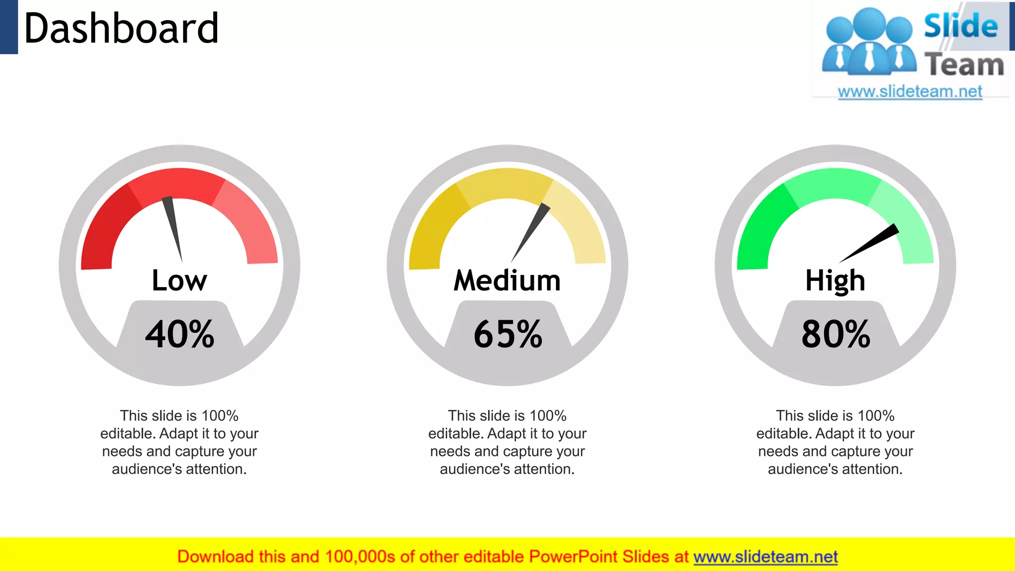 Dashboard 22
40%
Low
65%
Medium
80%
High
This slide is 100%
editable. Adapt it to your
needs and capture your
audience's attention.
This slide is 100%
editable. Adapt it to your
needs and capture your
audience's attention.
This slide is 100%
editable. Adapt it to your
needs and capture your
audience's attention.
 