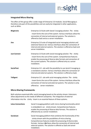Integrated Micro-Sharing
The offers of this group offer a wide range of Enterprise 2.0 modules. Social Messaging is
therefore only part of the possibilities and can easily be integrated in other applications,
such as Wikis.

Blogtronix                  Enterprise 2.0 Suite with ocial   essaging solution. The ctivity
                             tream forms the core of the system. Various interfaces allow the
                            connection of internal and external systems. The solution is
                            offered as SaaS and as a server installation.

Jive                        Enterprise 2.0 suite of integrated social messaging solution and
                            extensive feature set. Various interfaces allow the connection of
                            internal and external systems. The solution is offered as SaaS and
                            server installation.

Just Connect                Enterprise 2.0 Suite with social messaging solution. The ctivity
                             tream forms the core of the system. Comprehensive features
                            enable the processing of diverse data formats and connection of
                            the current systems. The solution is offered only as a server
                            installation.

SocialText                  Enterprise 2.0 uite with the possibility to use ocial essaging as
                            a standalone solution. Various interfaces allow the connection of
                            internal and external systems. The solution is offered as SaaS.

Telligent                   Enterprise 2.0 uite with ocial messaging solution. The ctivity
                             tream forms the core of the system. Various interfaces allow the
                            connection of internal and external systems. The solution is only
                            offered as server installation.

Micro-Sharing Frameworks
Both solutions examined offer social messaging based on the activity stream. Extensions
allow adjustments to the needs of different companies. The integration of external
information into the ctivity tream is an essential feature of these systems.

Lotus Connections           Social   essaging platform with micro-sharing functionality which
                            is embedded in an ctivity stream. Comprehensive features
                            enable the processing of diverse data formats. The solution is
                            offered only as a server installation.

Socialcast                  Social messaging platform that combines the functionality of the
                             ctivity-stream with the possibilities of micro-sharing.
                            Comprehensive features enable the processing of diverse data
                            formats. Various interfaces allow the connection of internal and
                                               18
                            external systems. The solution is offered as SaaS and server
                            installation.
 