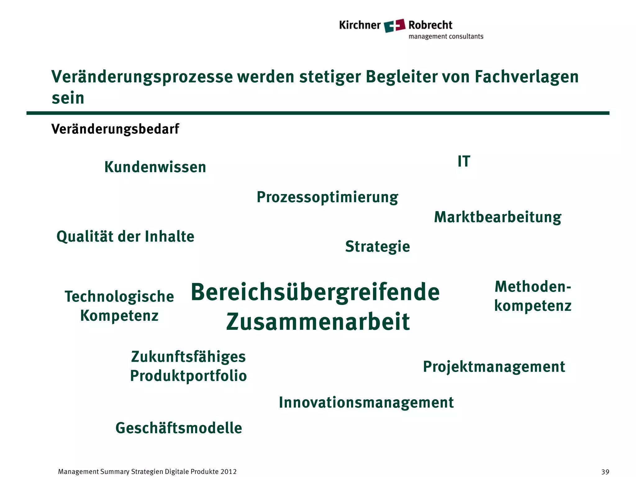 Veränderungsprozesse werden stetiger Begleiter von Fachverlagen
sein
Veränderungsbedarf

             Kundenwissen                                                         IT

                                                       Prozessoptimierung
                                                                               Marktbearbeitung
Qualität der Inhalte
                                                                  Strategie

                                                                                       Methoden-
 Technologische                       Bereichsübergreifende                            kompetenz
   Kompetenz
                                         Zusammenarbeit
                    Zukunftsfähiges
                                                                              Projektmanagement
                    Produktportfolio
                                                         Innovationsmanagement
                Geschäftsmodelle

Management Summary Strategien Digitale Produkte 2012                                               39
 