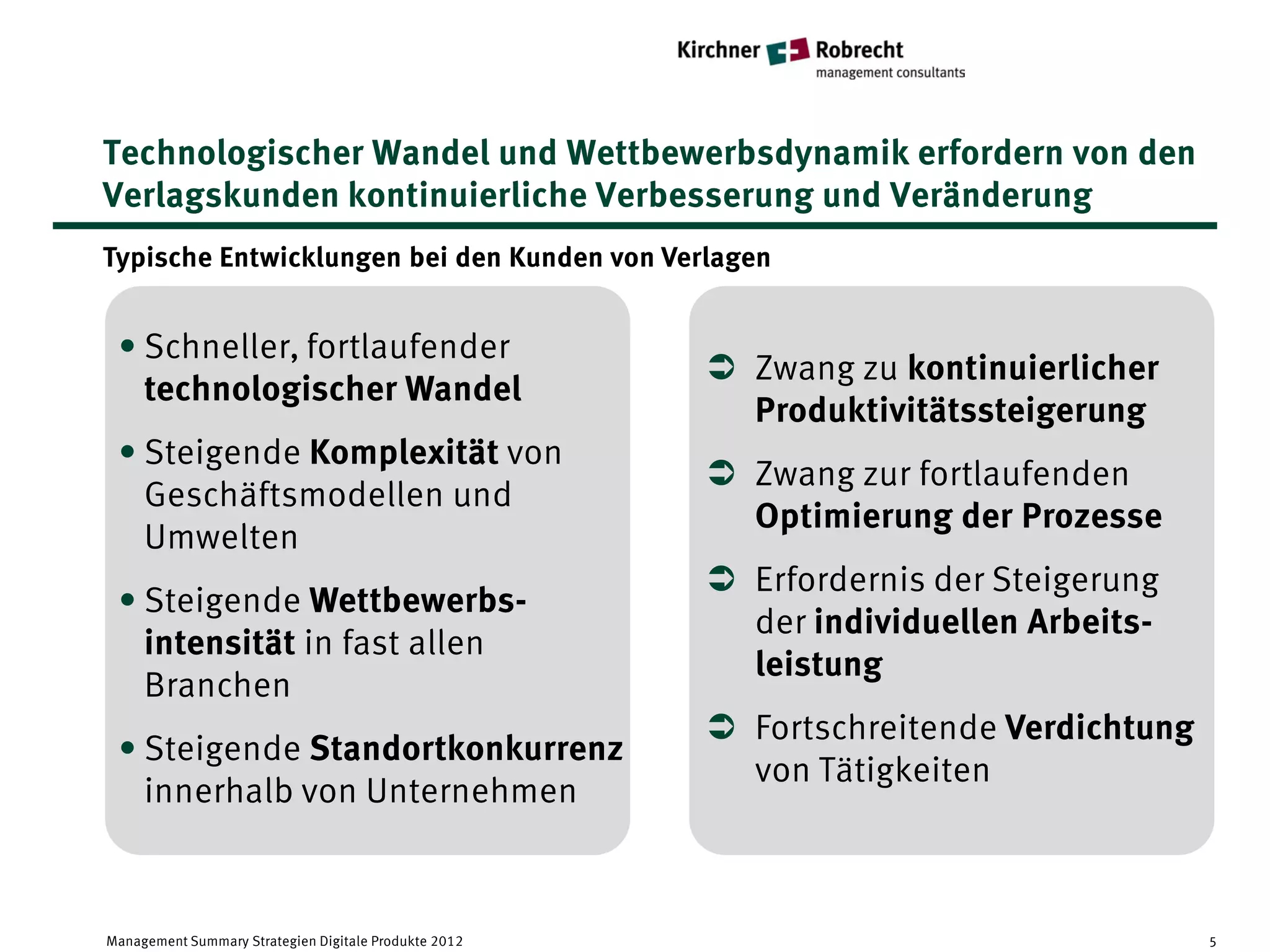 Technologischer Wandel und Wettbewerbsdynamik erfordern von den
Verlagskunden kontinuierliche Verbesserung und Veränderung
Typische Entwicklungen bei den Kunden von Verlagen


 • Schneller, fortlaufender
                                                        Zwang zu kontinuierlicher
   technologischer Wandel
                                                         Produktivitätssteigerung
 • Steigende Komplexität von
                                                        Zwang zur fortlaufenden
   Geschäftsmodellen und
                                                         Optimierung der Prozesse
   Umwelten
                                                        Erfordernis der Steigerung
 • Steigende Wettbewerbs-
                                                         der individuellen Arbeits-
   intensität in fast allen
                                                         leistung
   Branchen
                                                        Fortschreitende Verdichtung
 • Steigende Standortkonkurrenz
                                                         von Tätigkeiten
   innerhalb von Unternehmen



Management Summary Strategien Digitale Produkte 2012                                   5
 