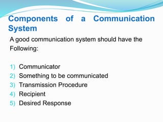 Components of a Communication
System
A good communication system should have the
Following:
1) Communicator
2) Something to be communicated
3) Transmission Procedure
4) Recipient
5) Desired Response
 