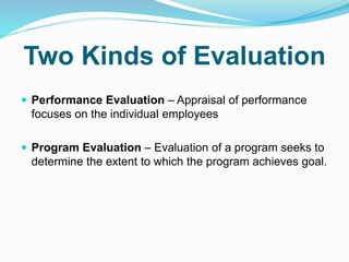 Two Kinds of Evaluation
 Performance Evaluation – Appraisal of performance
focuses on the individual employees
 Program Evaluation – Evaluation of a program seeks to
determine the extent to which the program achieves goal.
 