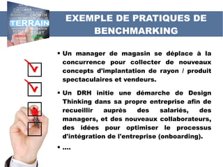EXEMPLES DE PRATIQUES
DE BENCHMARKING
 Un manager de magasin se déplace à la
concurrence pour collecter de nouveaux
concepts d'implantation de rayon / produit
spectaculaires et vendeurs.
 Un DRH initie une démarche de Design
Thinking dans sa propre entreprise afin de
recueillir auprès des salariés, des
managers, et des nouveaux collaborateurs,
des idées pour optimiser le processus
d'intégration de l'entreprise (onboarding).
 ….
 