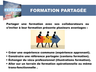 Partager une formation avec ses collaborateurs ou
s'inviter à leur formation présente plusieurs avantages :
FORMATION PARTAGÉE
 Créer une expérience commune (expérience apprenant).
 Construire une référence partagée (contenu formation).
 Échanger du vécu professionnel (illustrations formation).
 Aller sur un terrain de formation opérationnelle ou même
trans-fonctionnelle .
 