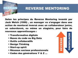 Selon les principes du Reverse Mentoring inventé par
Jack Welch (1999) , un manager va s'engager dans une
action de mentorat inversé avec un collaborateur junior,
un subordonné, ou même un stagiaire, pour faire de
nouveaux apprentissages :
 Transformation digitale
 Bases du code ou Big Data
 Outils collaboratifs
 Design Thinking
 Start-up spirit
 Réseaux sociaux professionnels
 Codes des générations Y & Z ...
REVERSE MENTORING
REVERSE
MENTORING
 