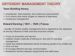Team Building theory
 emphasizes best practices, and continuous improvement.
 It is a theory that mainly hinges on reliance of teamwork.
 Consensus management
Edward Deming ( 1841 – 1925 ) France
- founder of modern quality management and is regarded by the Japanese
as the key influence in their post-war economic miracle.
 Focus on production and service
 Institute modern methods of training on- the- job for including
management
 Adopt and institute leadership aimed at helping people to do a better job
 Drive out fear
 Encourage effective two-way communication
 Breakdown barriers between departments and staff areas
 