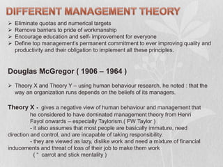  Eliminate quotas and numerical targets
 Remove barriers to pride of workmanship
 Encourage education and self- improvement for everyone
 Define top management’s permanent commitment to ever improving quality and
productivity and their obligation to implement all these principles.
Douglas McGregor ( 1906 – 1964 )
 Theory X and Theory Y – using human behaviour research, he noted : that the
way an organization runs depends on the beliefs of its managers.
Theory X - gives a negative view of human behaviour and management that
he considered to have dominated management theory from Henri
Fayol onwards – especially Taylorism.( FW Taylor )
- it also assumes that most people are basically immature, need
direction and control, and are incapable of taking responsibility.
- they are viewed as lazy, dislike work and need a mixture of financial
inducements and threat of loss of their job to make them work
( “ carrot and stick mentality )
 