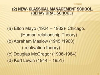 (2) NEW- CLASSICAL MANAGEMENT SCHOOL.
(BEHAVIORAL SCHOOL)
(a) Elton Mayo (1924 – 1932)- Chicago.
(Human relationship Theory)
(b) Abraham Maslow (1945 /1960)
( motivation theory)
(c) Douglas McGregor (1906-1964)
(d) Kurt Lewin (1944 – 1951)
10/12/2020
14
 