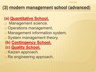 (3) modern management school (advanced)
(a) Quantitative School.
 Management science.
 Operations management.
 Management information system.
 System management theory.
(b) Contingency School.
(c) Quality School.
 Kaizen approach.
 Re engineering approach.
10/12/2020
15
 