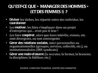 QU’EST-CE QUE « MANAGER DES HOMMES » (ET DES FEMMES !) ? Diviser  les tâches, les répartir entre des individus, les  coordonner Les  motiver , les faire s‘impliquer dans un projet d’entreprise qui… n’est pas le leur ! Les faire  coopérer , alors que leurs intérêts, visions, etc. sont divergents, ou non convergents Gérer des relations sociales , inter-personnelles ou organisationnelles (groupes, services, collectifs, etc.), ou institutionnalisées (IRP, syndicats) Gérer une main-d’œuvre  (la recruter, la former, la licencier, la discipliner, la fidéliser, etc.) SOURCE: CHRISTIAN THUDEROZ, CENTRE DES HUMANITES 