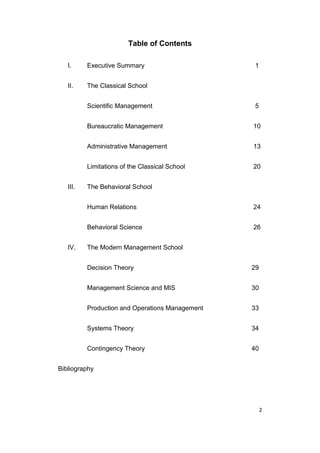 Table of Contents
I.

Executive Summary

II.

1

The Classical School
Scientific Management
Bureaucratic Management

10

Administrative Management

13

Limitations of the Classical School
III.

5

20

The Behavioral School
Human Relations
Behavioral Science

IV.

24
26

The Modern Management School
Decision Theory

29

Management Science and MIS

30

Production and Operations Management

33

Systems Theory

34

Contingency Theory

40

Bibliography

2

 