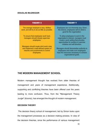 DOUGLAS McGREGOR

THE MODERN MANAGEMENT SCHOOL
Modern management thought has evolved from older theories of
management and years of management experience. Additionally,
supporting and conflicting theories have been offered over the years
leading to more confusion. Thus, from the "Management Theory
Jungle" (Koontz), has emerged the thought of modern management.

DECISION THEORY
The decision theory school of management, led by Simon looks upon
the management processes as a decision making process. In view of
the decision theories, since the performance of various management
30

 