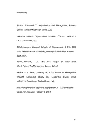 Bibliography

Santos, Emmanuel T., Organization and Management. Revised
Edition; Manila: IAME Design Studio, 2009
Newstrom, John W.. Organizational Behavior. 12th Edition; New York,
USA: McGraw-Hill, 2007

CliffsNotes.com. Classical Schools of Management. 5 Feb 2013
<http://www.cliffsnotes.com/study_guide/topicArticleId-8944,articleId8851.html>.
Barnat, Ryszard,

LLM., DBA, Ph.D. (August 22, 1996) (Strat.

Mgmt) Poland; The Management Science School

Sridhar, M.S. Ph.D., (February 18, 2009) Schools of Management
Thought,

Managerial

Quality

and

Leadership

Styles;

email:

mirlesridhar@gmail.com, Sridhar@isac.gov.in

http://management-for-beginners.blogspot.com/2012/02/behaviouralschool.html, tcjonzin ; February 8, 2012

47

 