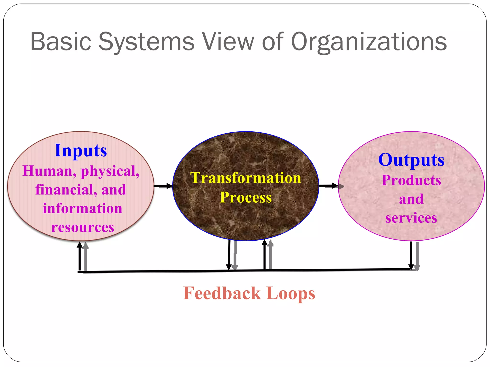 Transformation Process Outputs Products and services Feedback Loops Basic Systems View of Organizations Inputs Human, physical, financial, and  information  resources 