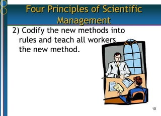 10
Four Principles of Scientific
Management
2) Codify the new methods into
rules and teach all workers
the new method.
 