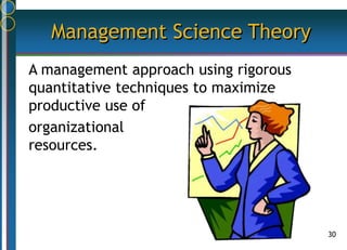 30
Management Science Theory
A management approach using rigorous
quantitative techniques to maximize
productive use of
organizational
resources.
 