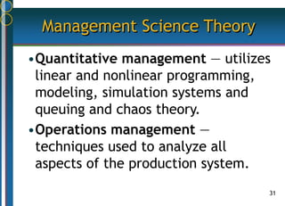 31
Management Science Theory
•Quantitative management — utilizes
linear and nonlinear programming,
modeling, simulation systems and
queuing and chaos theory.
•Operations management —
techniques used to analyze all
aspects of the production system.
 