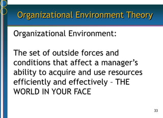 33
Organizational Environment Theory
Organizational Environment:
The set of outside forces and
conditions that affect a manager’s
ability to acquire and use resources
efficiently and effectively – THE
WORLD IN YOUR FACE
 