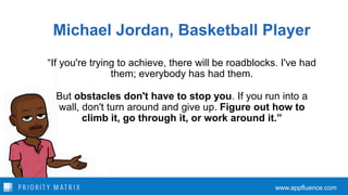 Michael Jordan, Basketball Player
“If you're trying to achieve, there will be roadblocks. I've had
them; everybody has had...