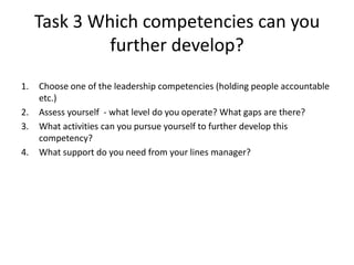 Task 3 Which competencies can you
              further develop?
1.   Choose one of the leadership competencies (holding people accountable
     etc.)
2.   Assess yourself - what level do you operate? What gaps are there?
3.   What activities can you pursue yourself to further develop this
     competency?
4.   What support do you need from your lines manager?
 