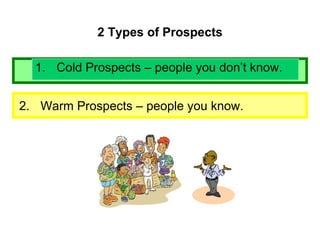 2 Types of Prospects <ul><li>Cold Prospects – people you don’t know. </li></ul>2. Warm Prospects – people you know. 