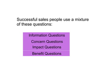 <ul><li>Successful sales people use a mixture of these questions:  </li></ul><ul><ul><ul><li>Information Questions </li></...