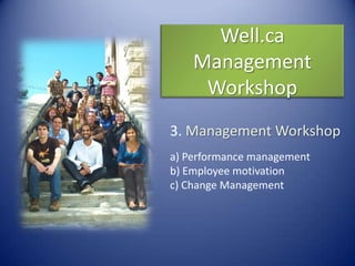 Well.ca Management Workshop 3. Management Workshop a) Performance managementb) Employee motivation c) Change Management 