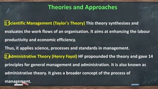 Theories and Approaches
1️⃣ Scientific Management (Taylor's Theory) This theory synthesises and
evaluates the work flows of an organisation. It aims at enhancing the labour
productivity and economic efficiency.
Thus, it applies science, processes and standards in management.
2️⃣ Administrative Theory (Henry Fayol) HF propounded the theory and gave 14
principles for general management and administration. It is also known as
administrative theory. It gives a broader concept of the process of
management.
 