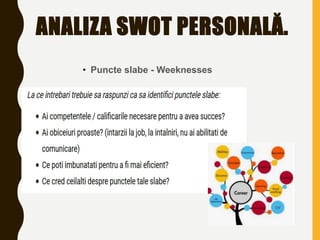 ANALIZA SWOT PERSONALĂ.
• Puncte slabe - Weeknesses
 