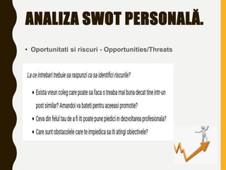ANALIZA SWOT PERSONALĂ.
• Oportunitati si riscuri - Opportunities/Threats
 