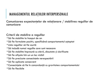 MANAGEMENTUL RELAŢIILOR INTERPERSONALE
Comunicarea expectanţelor de relaţionare / stabilirea regulilor de
comunicare
Criterii de stabilire a regulilor
• Să fie stabilite la început de an
• Să fie formulate pozitiv, specificând comportamentul aşteptat
• Lista regulilor să fie scurtă
• Să includă numai regulile care sunt necesare
• Să fie stabilite împreună cu elevii, discutate şi clarificate
• Să fie afişate într-un un loc vizibil
• Să fie precizate consecinţele nerespectării
• Să fie aplicate consecvent
• Consecinţele să fie în concordanţă cu gravitatea comportamentului
• Să fie flexibile
 