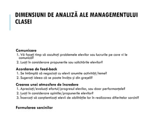 DIMENSIUNI DE ANALIZĂ ALE MANAGEMENTULUI
CLASEI
Comunicare
1. Vă faceţi timp să ascultaţi problemele elevilor sau lucrurile pe care vi le
comunică?
2. Luaţi în considerare propunerile sau solicitările elevilor?
Acordarea de feed-back
1. Se întâmplă să negociaţi cu elevii anumite activităţi/teme?
2. Sugeraţi ideea că se poate învăţa şi din greşeli?
Crearea unei atmosfere de încredere
1. Apreciaţi/evaluaţi efortul/progresul elevilor, sau doar performanţele?
2. Luaţi în considerare opiniile/propunerile elevilor?
3. Încercaţi să conştientizaţi elevii de abilităţile lor în realizarea diferitelor sarcini?
Formularea sarcinilor
 