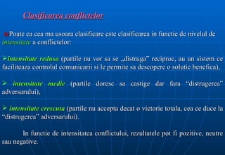 Clasificarea conflictelor

 ₪Poate ca cea ma usoara clasificare este clasificarea in functie de nivelul de
intensitate a conflictelor:

intensitate redusa (partile nu vor sa se „distruga” reciproc, au un sistem ce
faciliteaza controlul comunicarii si le permite sa descopere o solutie benefica),

 intensitate medie (partile doresc sa castige dar fara “distrugerea”
adversarului),

 intensitate crescuta (partile nu accepta decat o victorie totala, cea ce duce la
“distrugerea” adversarului).

       In functie de intensitatea conflictului, rezultatele pot fi pozitive, neutre
sau negative.
 