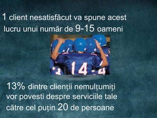 1 client nesatisfăcut va spune acest
lucru unui număr de 9-15 oameni




 13% dintre clienții nemulțumiți
 vor povesti despre serviciile tale
 către cel puțin 20 de persoane
 