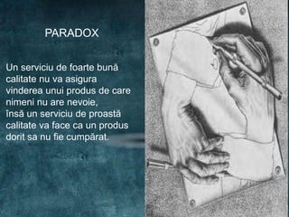 PARADOX


Un serviciu de foarte bună
calitate nu va asigura
vinderea unui produs de care
nimeni nu are nevoie,
însă un serviciu de proastă
calitate va face ca un produs
dorit sa nu fie cumpărat.
 