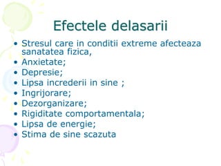 Efectele delasarii
• Stresul care in conditii extreme afecteaza
sanatatea fizica,
• Anxietate;
• Depresie;
• Lipsa increderii in sine ;
• Ingrijorare;
• Dezorganizare;
• Rigiditate comportamentala;
• Lipsa de energie;
• Stima de sine scazuta
 