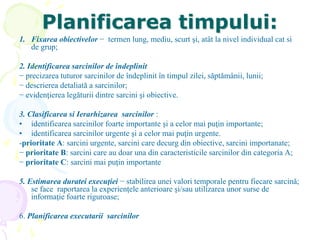 Planificarea timpului:
1. Fixarea obiectivelor − termen lung, mediu, scurt şi, atât la nivel individual cat si
de grup;
2. Identificarea sarcinilor de îndeplinit
− precizarea tuturor sarcinilor de îndeplinit în timpul zilei, săptămânii, lunii;
− descrierea detaliată a sarcinilor;
− evidenţierea legăturii dintre sarcini şi obiective.
3. Clasificarea si Ierarhizarea sarcinilor :
• identificarea sarcinilor foarte importante şi a celor mai puţin importante;
• identificarea sarcinilor urgente şi a celor mai puţin urgente.
-prioritate A: sarcini urgente, sarcini care decurg din obiective, sarcini importanate;
− prioritate B: sarcini care au doar una din caracteristicile sarcinilor din categoria A;
− prioritate C: sarcini mai puţin importante
5. Estimarea duratei execuţiei − stabilirea unei valori temporale pentru fiecare sarcină;
se face raportarea la experienţele anterioare şi/sau utilizarea unor surse de
informaţie foarte riguroase;
6. Planificarea executarii sarcinilor
 