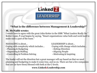 www.Linked2Leadership.com
“What is the difference between Management & Leadership?”
M. McNabb wrote:
I would have to agree with the great John Kotter in the HBR "What Leaders Really Do."
Kotter (1990, P.104) begins by saying, "Smart organizations value both and work hard to
make each a part of the team."
MANAGING is about... LEADERSHIP is about…
Coping with complexity which includes... Coping with change which includes…
~Planning & Budgeting ~Setting Direction
~Organizing & Staffing ~Aligning People
~Controlling & Problem Solving ~Motivating & Inspiring
The leader will set the direction but a great manager will say based on that we need
planning and budgeting to make it come true, and so on. There are but a few companies
that are (or have been) blessed with both at the C-levels.
 