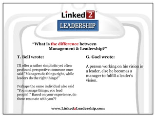 www.Linked2Leadership.com
“What is the difference between
Management & Leadership?”
T. Bell wrote:
I'll offer a rather simplistic yet often
profound perspective; someone once
said "Managers do things right, while
leaders do the right things!"
Perhaps the same individual also said
"You manage things; you lead
people!!" Based on your experience, do
these resonate with you??
G. Goel wrote:
A person working on his vision is
a leader, else he becomes a
manager to fulfill a leader's
vision.
 