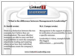 www.Linked2Leadership.com
“What is the difference between Management & Leadership?”
O. Smith wrote:
There is a distinction between the two
concepts, but I believe they are
interdependent. The most effective
managers are able to carry out their
responsibilities to meet the company's
objective by leading and inspiring
others to see how their individual
contributions create the company's
success.
M.J. Campo wrote:
Management is the support of process
& verification of accountability to reach
a specific outcome.
Leadership is vision, example & faith.
The biggest
differentiator.......personality.
 