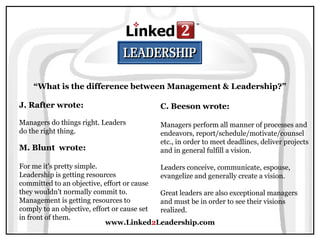 www.Linked2Leadership.com
“What is the difference between Management & Leadership?”
J. Rafter wrote:
Managers do things right. Leaders
do the right thing.
C. Beeson wrote:
Managers perform all manner of processes and
endeavors, report/schedule/motivate/counsel
etc., in order to meet deadlines, deliver projects
and in general fulfill a vision.
Leaders conceive, communicate, espouse,
evangelize and generally create a vision.
Great leaders are also exceptional managers
and must be in order to see their visions
realized.
M. Blunt wrote:
For me it's pretty simple.
Leadership is getting resources
committed to an objective, effort or cause
they wouldn't normally commit to.
Management is getting resources to
comply to an objective, effort or cause set
in front of them.
 