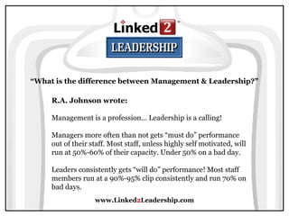 www.Linked2Leadership.com
“What is the difference between Management & Leadership?”
R.A. Johnson wrote:
Management is a profession… Leadership is a calling!
Managers more often than not gets “must do” performance
out of their staff. Most staff, unless highly self motivated, will
run at 50%-60% of their capacity. Under 50% on a bad day.
Leaders consistently gets “will do” performance! Most staff
members run at a 90%-95% clip consistently and run 70% on
bad days.
 