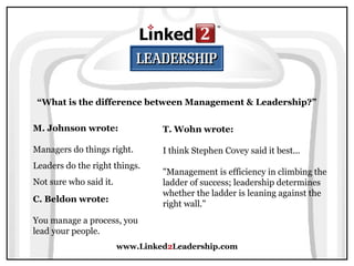 www.Linked2Leadership.com
“What is the difference between Management & Leadership?”
M. Johnson wrote:
Managers do things right.
Leaders do the right things.
Not sure who said it.
T. Wohn wrote:
I think Stephen Covey said it best...
"Management is efficiency in climbing the
ladder of success; leadership determines
whether the ladder is leaning against the
right wall."
C. Beldon wrote:
You manage a process, you
lead your people.
 