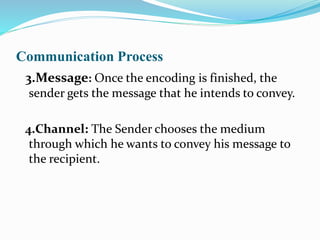 Communication Process
3.Message: Once the encoding is finished, the
sender gets the message that he intends to convey.
4.Channel: The Sender chooses the medium
through which he wants to convey his message to
the recipient.
 