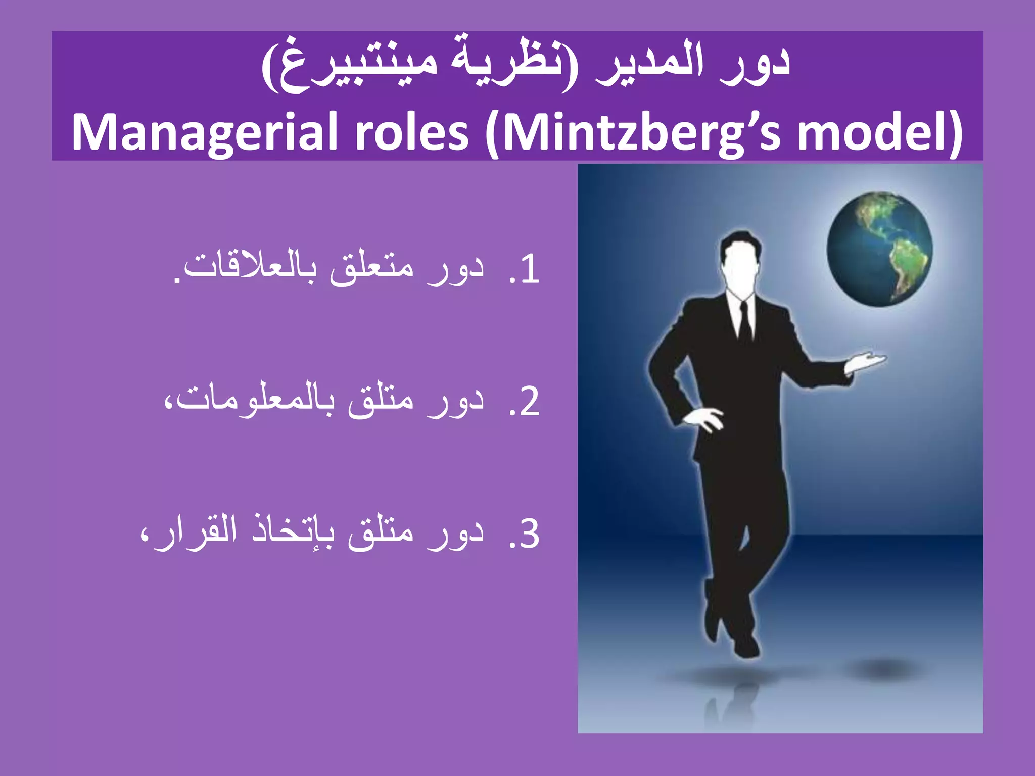 ‫المدير‬ ‫دور‬(‫مينتبيرغ‬ ‫نظرية‬)
Managerial roles (Mintzberg’s model)
.1‫بالعالقات‬ ‫متعلق‬ ‫دور‬.
.2،‫بالمعلومات‬ ‫متلق‬ ‫دور‬
.3،‫القرار‬ ‫بإتخاذ‬ ‫متلق‬ ‫دور‬
 