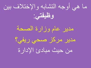 ‫بي‬ ‫واإلختالف‬ ‫التشابه‬ ‫أوجه‬ ‫هي‬ ‫ما‬‫ن‬
‫وظيفتي‬:
‫الصحة‬ ‫وزارة‬ ‫عام‬ ‫مدير‬
‫ريفي؟‬ ‫صحي‬ ‫مركز‬ ‫مدير‬
‫اإلدارة‬ ‫مبادئ‬ ‫حيث‬ ‫من‬
 
