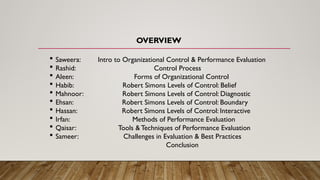OVERVIEW
 Saweera: Intro to Organizational Control & Performance Evaluation
 Rashid: Control Process
 Aleen: Forms of Organizational Control
 Habib: Robert Simons Levels of Control: Belief
 Mahnoor: Robert Simons Levels of Control: Diagnostic
 Ehsan: Robert Simons Levels of Control: Boundary
 Hassan: Robert Simons Levels of Control: Interactive
 Irfan: Methods of Performance Evaluation
 Qaisar: Tools & Techniques of Performance Evaluation
 Sameer: Challenges in Evaluation & Best Practices
Conclusion
 