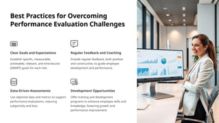Best Practices for Overcoming
Performance Evaluation Challenges
Clear Goals and Expectations
Establish specific, measurable,
achievable, relevant, and time-bound
(SMART) goals for each role.
Regular Feedback and Coaching
Provide regular feedback, both positive
and constructive, to guide employee
development and performance.
Data-Driven Assessments
Use objective data and metrics to support
performance evaluations, reducing
subjectivity and bias.
Development Opportunities
Offer training and development
programs to enhance employee skills and
knowledge, fostering growth and
performance improvement.
 