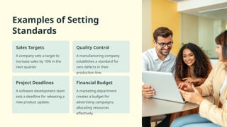 Examples of Setting
Standards
Sales Targets
A company sets a target to
increase sales by 10% in the
next quarter.
Quality Control
A manufacturing company
establishes a standard for
zero defects in their
production line.
Project Deadlines
A software development team
sets a deadline for releasing a
new product update.
Financial Budget
A marketing department
creates a budget for
advertising campaigns,
allocating resources
effectively.
 