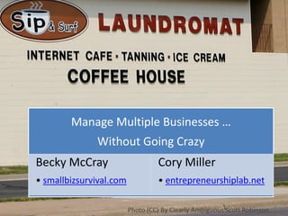 Manage Multiple Businesses …
Without Going Crazy
Becky McCray
• smallbizsurvival.com
Cory Miller
• entrepreneurshiplab.net
Photo (CC) By Clearly Ambiguous Scott Robinson
 